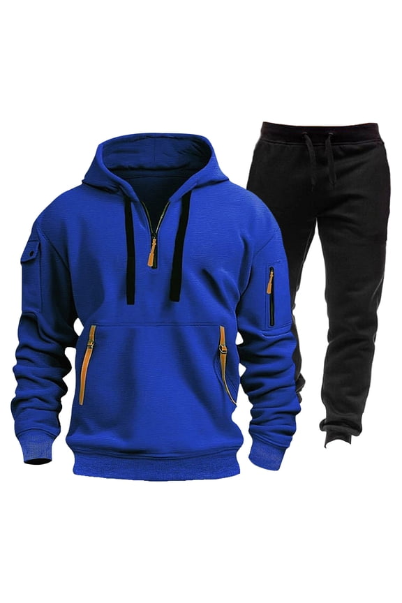 Men's Winter Fleece Multi Pocket Zipper Sweatshirt 2 Piece Set Personalized Sweatpants Casual Sweatsuits Hoodie