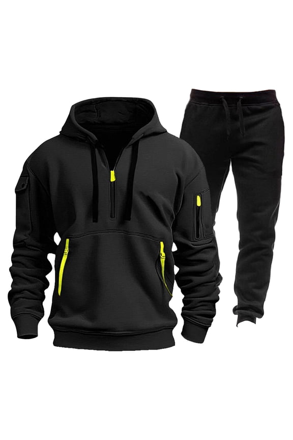 Men's Winter Fleece Multi Pocket Zipper Sweatshirt 2 Piece Set Personalized Sweatpants Casual Sweatsuits Hoodie