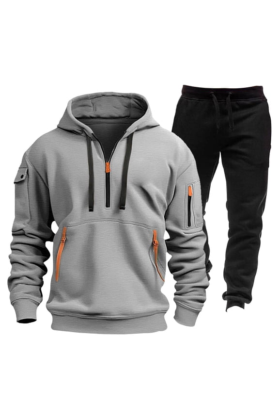 Men's Winter Fleece Multi Pocket Zipper Sweatshirt 2 Piece Set Personalized Sweatpants Casual Sweatsuits Hoodie