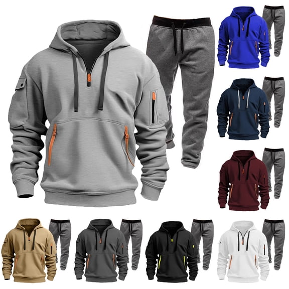Men's Winter Fleece Multi-pocket Zipper Sweatshirt Suit Personalized Casual Hoodie Set, for Outdoor Activities and Winter Casual Wear,Black,L