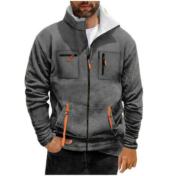 Men's Winter Fleece Sherpa Lined Cargo Jacket - Full Zip Stand Collar Big & Tall Warm Outerwear with Functional Pockets (Work/Casual)