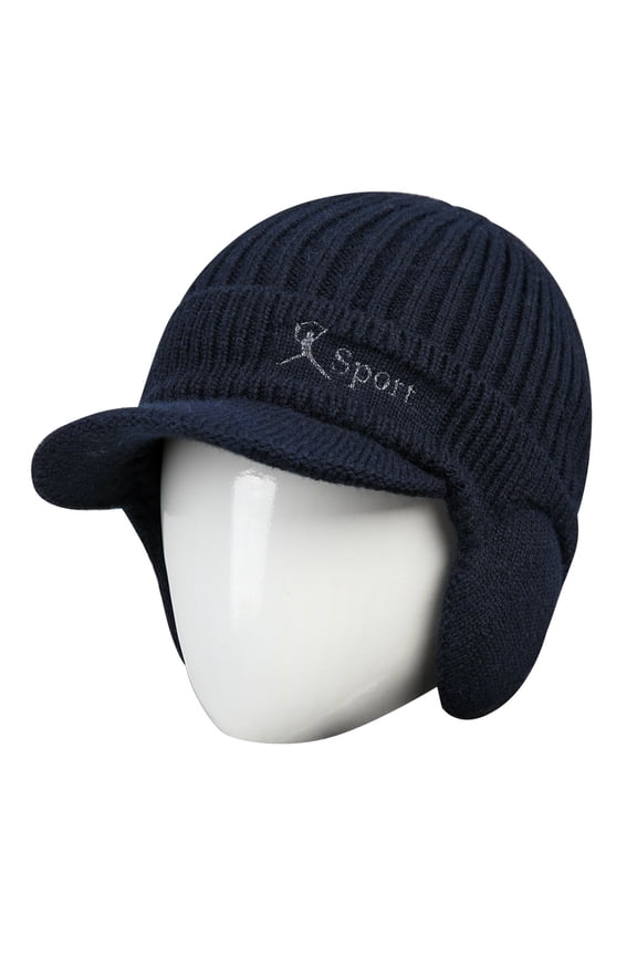 Men's Winter Hat Earflaps Knit Baseball Brim Ski Warm Lined