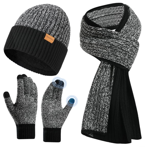 Freeyoka Mens Beanie Hat Touchscreen Gloves Neck Scarf Set, Winter Warm Knit Black&Gray