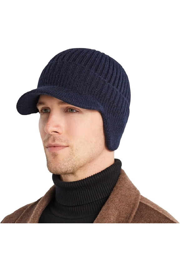 Men's Winter Hat with Brim, Warm Earflaps Hat for Men, Thick Fleece Lined Knit Winter Beanie Outdoor