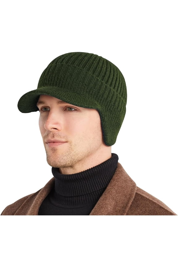 Men's Winter Hat with Brim, Warm Earflaps Hat for Men, Thick Fleece Lined Knit Winter Beanie Outdoor