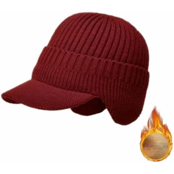 Men's Winter Hat with Ear Flaps, Cozy Beanie Hat with Brim, Warm Ear Protection Knitted Hat