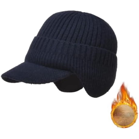 Men's Winter Hat with Ear Flaps, Cozy Beanie Hat with Brim, Warm Ear Protection Knitted Hat