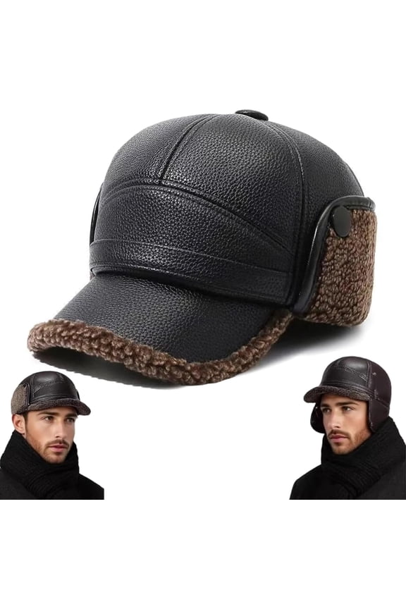 Men's Winter Hat with Sheepskin Flat Top Earmuffs Faux Leather Baseball Cap Flip-Down Ear Protection Soft Thick Fabric