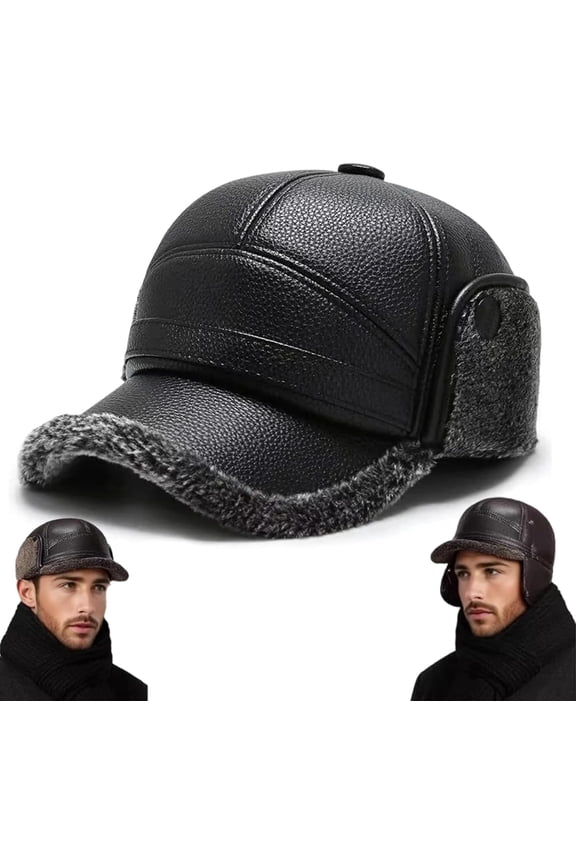 Men's Winter Hat with Sheepskin Flat Top Earmuffs Faux Leather Baseball Cap Flip-Down Ear Protection Soft Thick Fabric