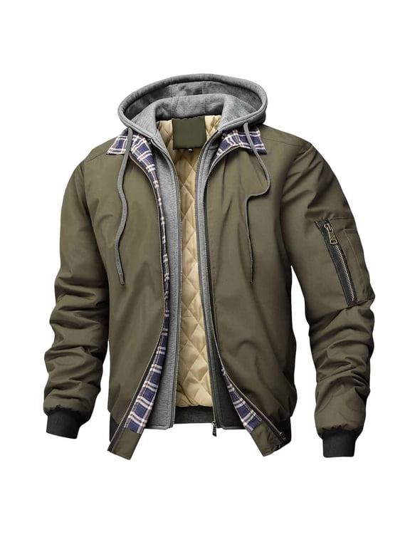 Men's Winter Hooded 2 in 1 Layered Zipper Jacket Windproof Padded Quilted Lined Insulated Windbreaker Coat Outerwear Warm Flight Jacket with Arm Zip Pocket