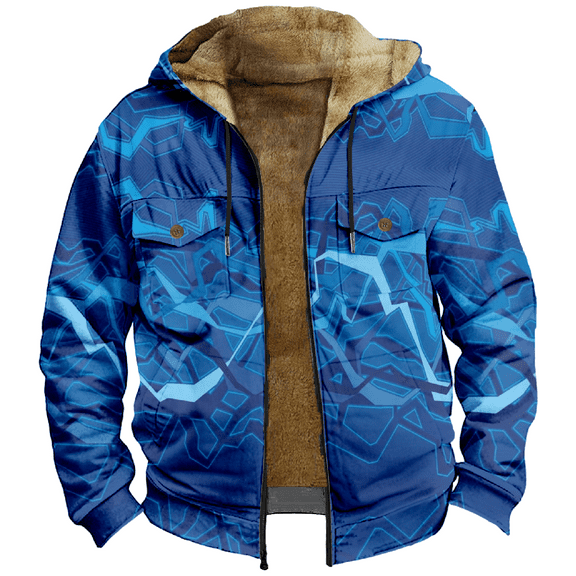 Men's Winter Hooded Fleece Sweatshirt, Ethnic Print Zipper Patch Pocket Casual Jacket for Fall Outdoor and Holiday Gift,Blue,5XL