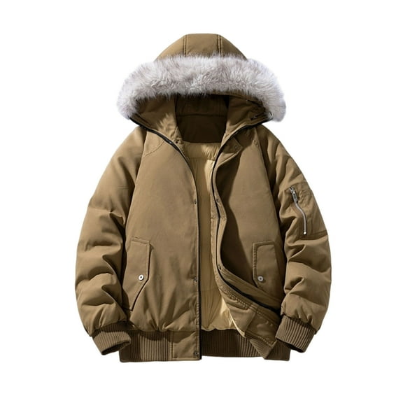 Men's Winter Hooded Jacket Long Sleeve Full Zip Casual Loose Faux Fur Collar Warm Cotton Jackets Coat with Pockets (4XL, Brown)