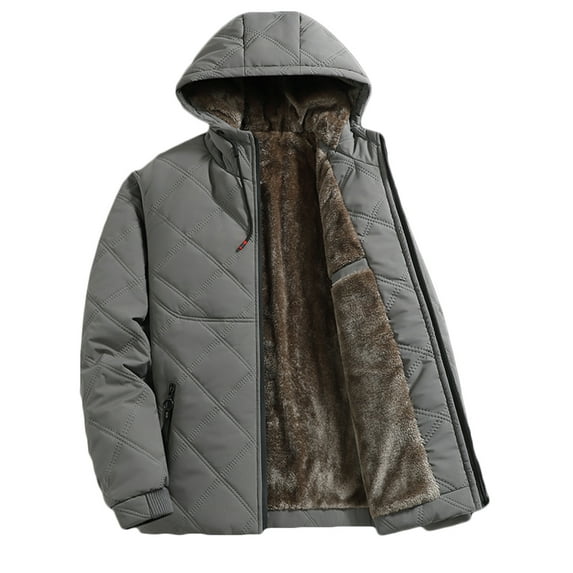 Men's Winter Hooded Jackets Quilted Fleece Lined Long Sleeve Zip Up Thickened Winter Warm Outwear Jackets Coat (4XL, Gray)
