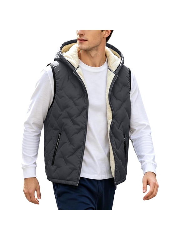 Men's Winter Hooded Vest Outerwear Fleece Lined Outdoor Vests Warm Sleeveless Jacket Casual Fashion Fleece Outwear
