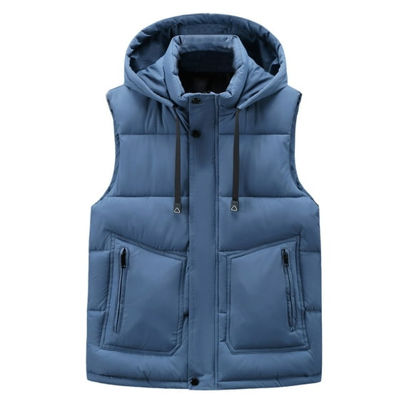 Men's Winter Hooded Vest, Solid Color Down Cotton Detachable Hood Multi-Pocket Loose Thick Casual Coat for Outdoor Travel and Cold Weather Wear,Royal Blue,5XL