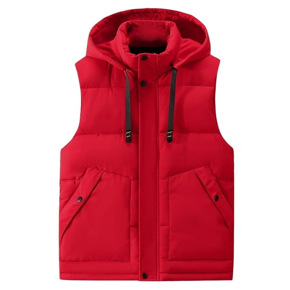 Men's Winter Hooded Vest, Solid Color Down Cotton Clip Multi-Pocket Loose Thick Casual Coat for Outdoor Travel and Cold Weather Wear,Red,M