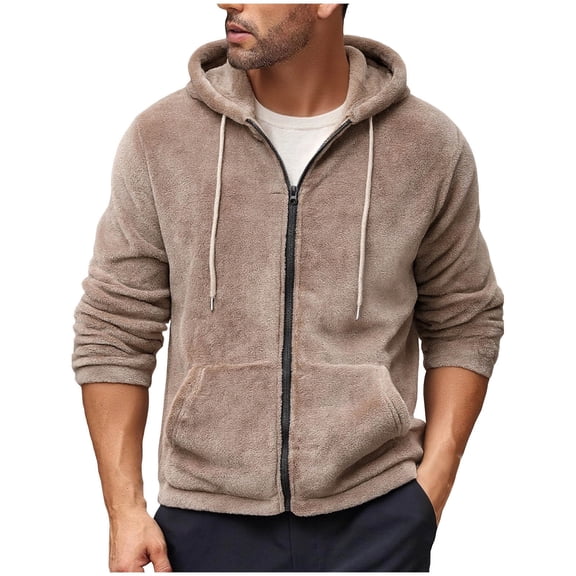 Men's Winter Hoodies Sherpa Fleece Jacket Warm Lightweight Sweatshirt Zip Up Outerwear Fuzzy Sports Coat (XXL, Khaki)