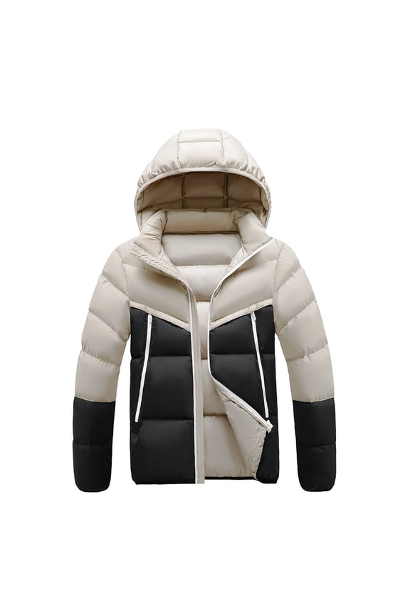 Men's Winter Insulated Puffer Jacket Color Block Puffer Jacket Hood Warm Quilted Zip Winter Coat Lightweight Waterproof Parka Snow Ski Winter Pure Down Jackets Travel Running Down Coats