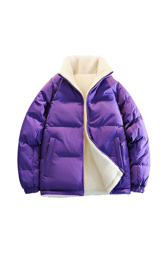 Men's Winter Jacket Fleece Color Block Jackets Thickened Warm Down Jackets Reversible Outwear Coats with Zipper Pockets Beige 3XL