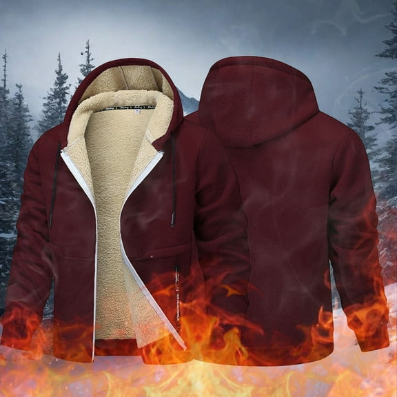 Men's Winter Jacket Lined Hooded Plain Windproof Outdoor Warming Jacket Soft Material Thick Inner Full Zip Comfortable Hood Elastic