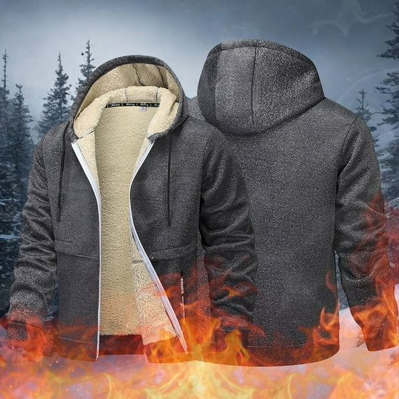 Men's Winter Jacket Lined Hooded Plain Windproof Outdoor Warming Jacket Soft Material Thick Inner Full Zip Comfortable Hood Elastic