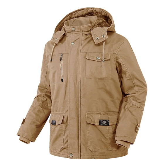 Men's Winter Jacket Windproof Sherpa Lined Fleece Windbreaker Coat Warm Military Parka with Removable Hood