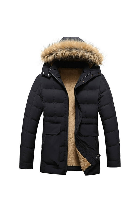 Men's Winter Jacket with Hood Waterproof Hiking Hooded Warm Snow Coat Multi Pockets for Men Mountain Padded Outerwear (Black 2XL)