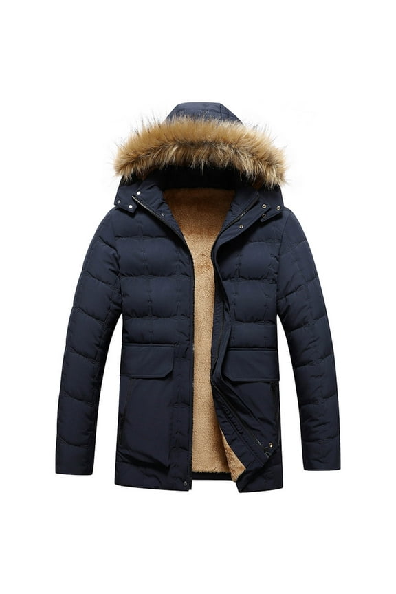 Men's Winter Jacket with Hood Waterproof Hiking Hooded Warm Snow Coat Multi Pockets for Men Mountain Padded Outerwear (Dark Blue 2XL)