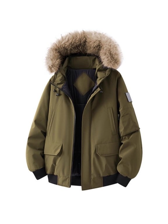 Men's Winter Jackets Faux Fur Collar Hooded Full Zip Drawstring Windbreaker Casual Loose Thermal Thick Outwear With Pockets (L, Army Green)