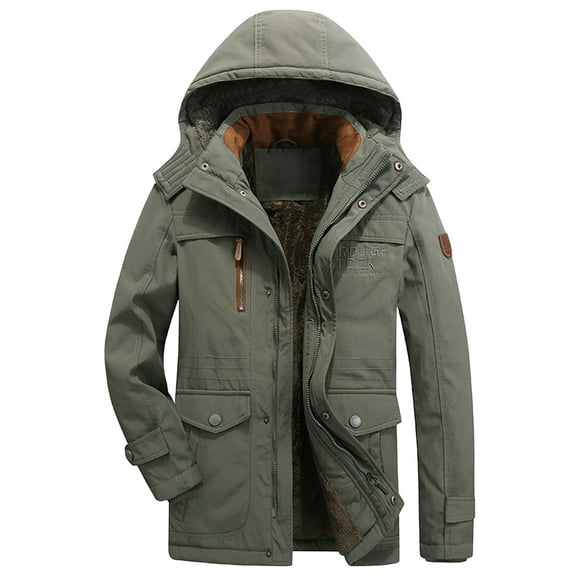 Men's Winter Jackets Warm Lined Cotton Military Jacket Windproof Thick Cargo Work Coat with Hood & Multiple Pockets Army Green 6XL