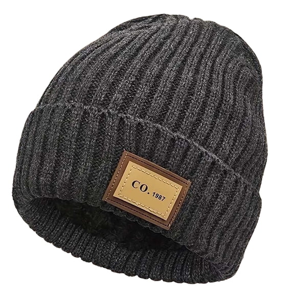 Men's Winter Knit Beanie Hat with Square Patch Cozy Ribbed Skull Cap Warm Daily Accessory