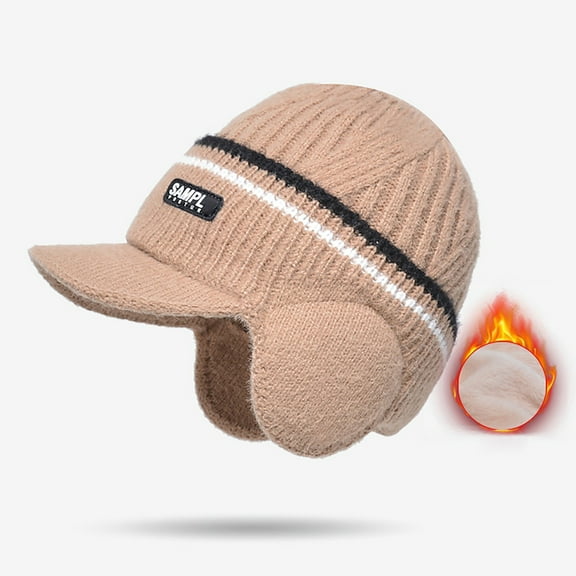Men's Winter Knit Hat with Ear Flaps, Thermal Lined Beanie with Visor for Cold Weather, Outdoor Ski Cap with Foldable Edge, Warm Cuff Knit Hat for Skiing and Snow Activities - Khaki