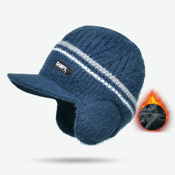 Men's Winter Knit Hat with Ear Flaps, Thermal Lined Beanie with Visor ...