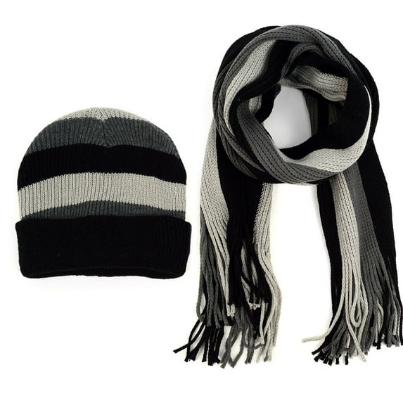 Men's Winter Knit Scarf and Hat Set-Warm and Soft Acrylic Scarf and Beanie Hat-Black, Grey, and White Multicolor