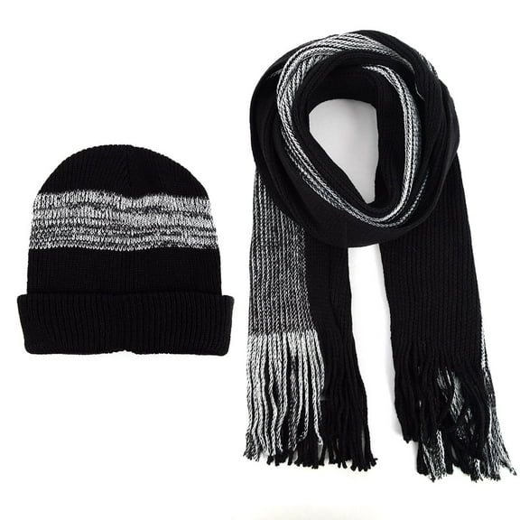 Men's Winter Knit Scarf and Hat Set-Warm and Soft Acrylic Scarf and Beanie Hat-Black and Grey Line