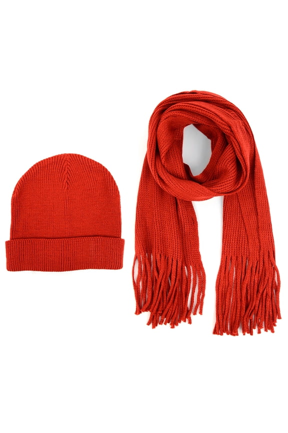 Men's Winter Knit Scarf and Hat Set-Warm and Soft Acrylic Scarf and Beanie Hat-Red Solid