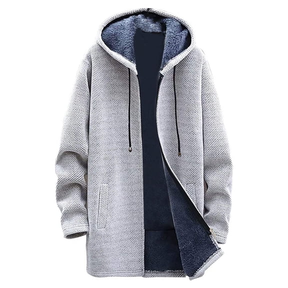 Men's Winter Knit Sweater Cardigan, Hooded Fleece Thickened Solid Color Casual Coat for Cold Weather Comfort and Daily Use,Light Gray,L