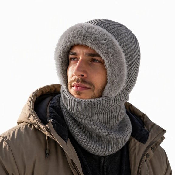 Men's Winter Knitted Balaclava Hat, Fuzzy Fleece Lined Hooded Neck Warmer, Windproof Full Face Cover Beanie Scarf Combo for Skiing Outdoor Sports