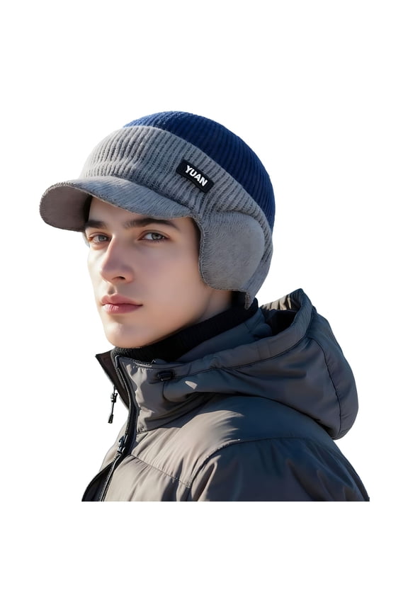 Men's Winter Knitted Earflap Hat, Winter Beanie with Brim and Ear Flaps, Outdoor Warm Fleece Lined Hat Stocking Caps