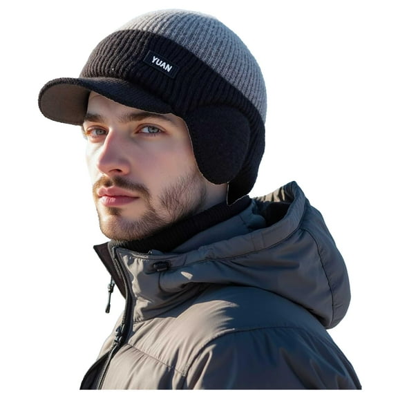 Men's Winter Knitted Earflap Hat, Winter Beanie with Brim and Ear Flaps, Outdoor Warm Fleece Lined Hat Stocking Caps