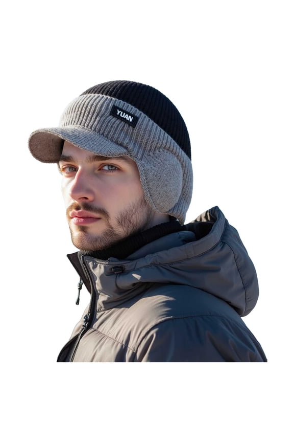 Men's Winter Knitted Earflap Hat, Winter Beanie with Brim and Ear Flaps, Outdoor Warm Fleece Lined Hat Stocking Caps