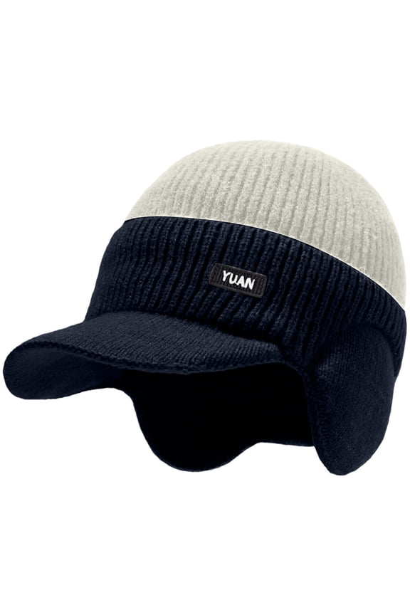 Men's Winter Knitted Earflap Hat, Winter Beanie with Brim and Ear Flaps