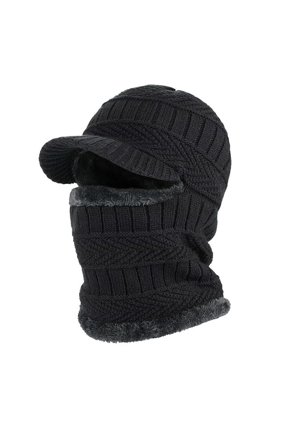 Men's Winter Knitted Hat with Neck Warmer, Fleece Lined Beanie with Ear Protection, Thermal Windproof Ski Mask for Cold Weather, Heavyweight Cycling Cap for Outdoor Sports - Black