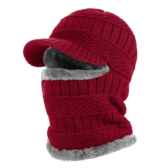 Men's Winter Knitted Hat with Neck Warmer, Fleece Lined Beanie with Ear Protection, Thermal Windproof Ski Mask for Cold Weather, Heavyweight Cycling Cap for Outdoor Sports - Red