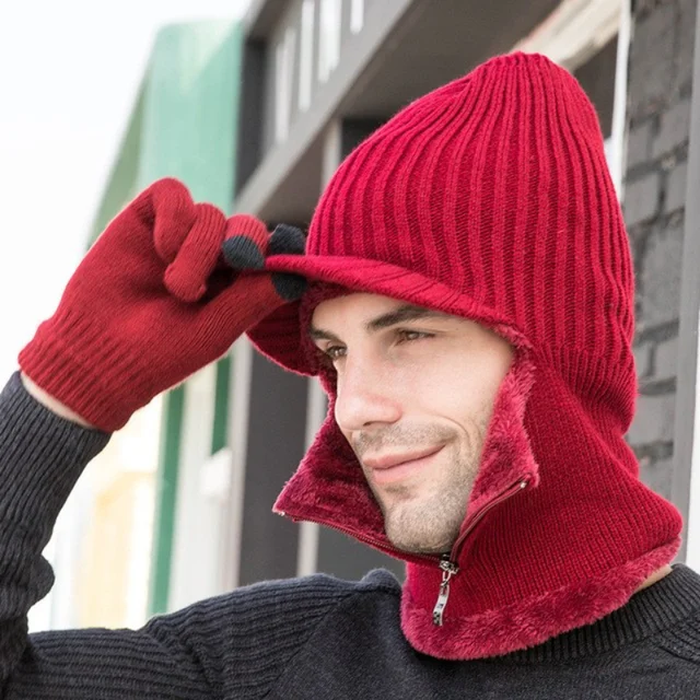 Men's Winter Knitted Hats with Zipper Earflap Beanie Caps with Fleece ...