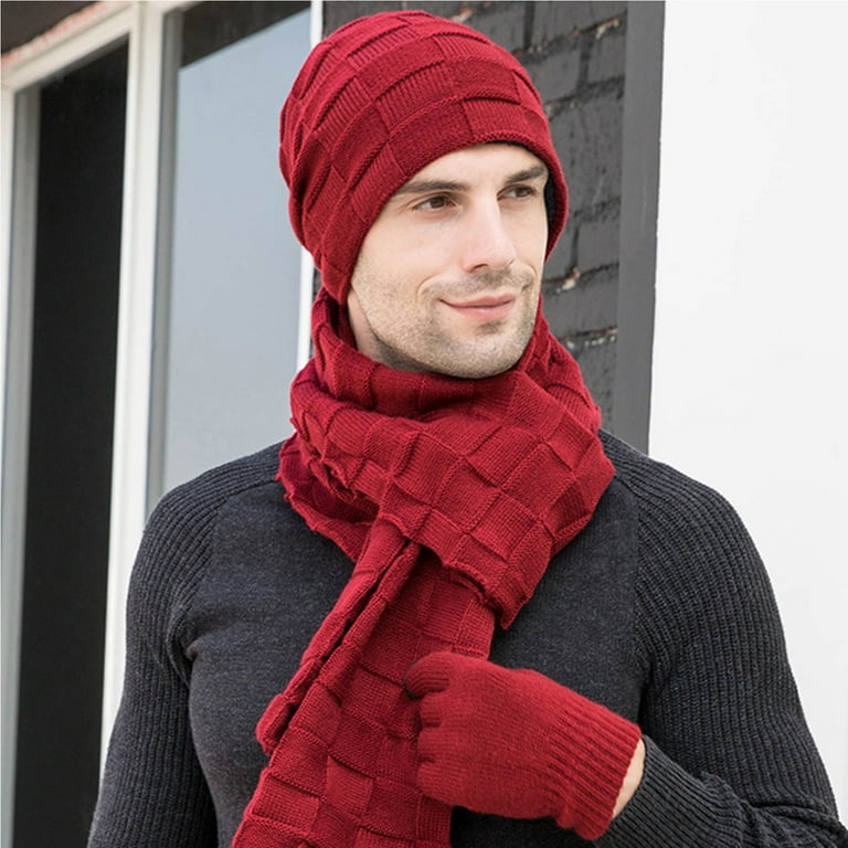 Men's Winter Knitted Windproof Hat Scarf Gloves Three-piece Winter Knitted  Hat Men's Warm Hat Bomber Hats