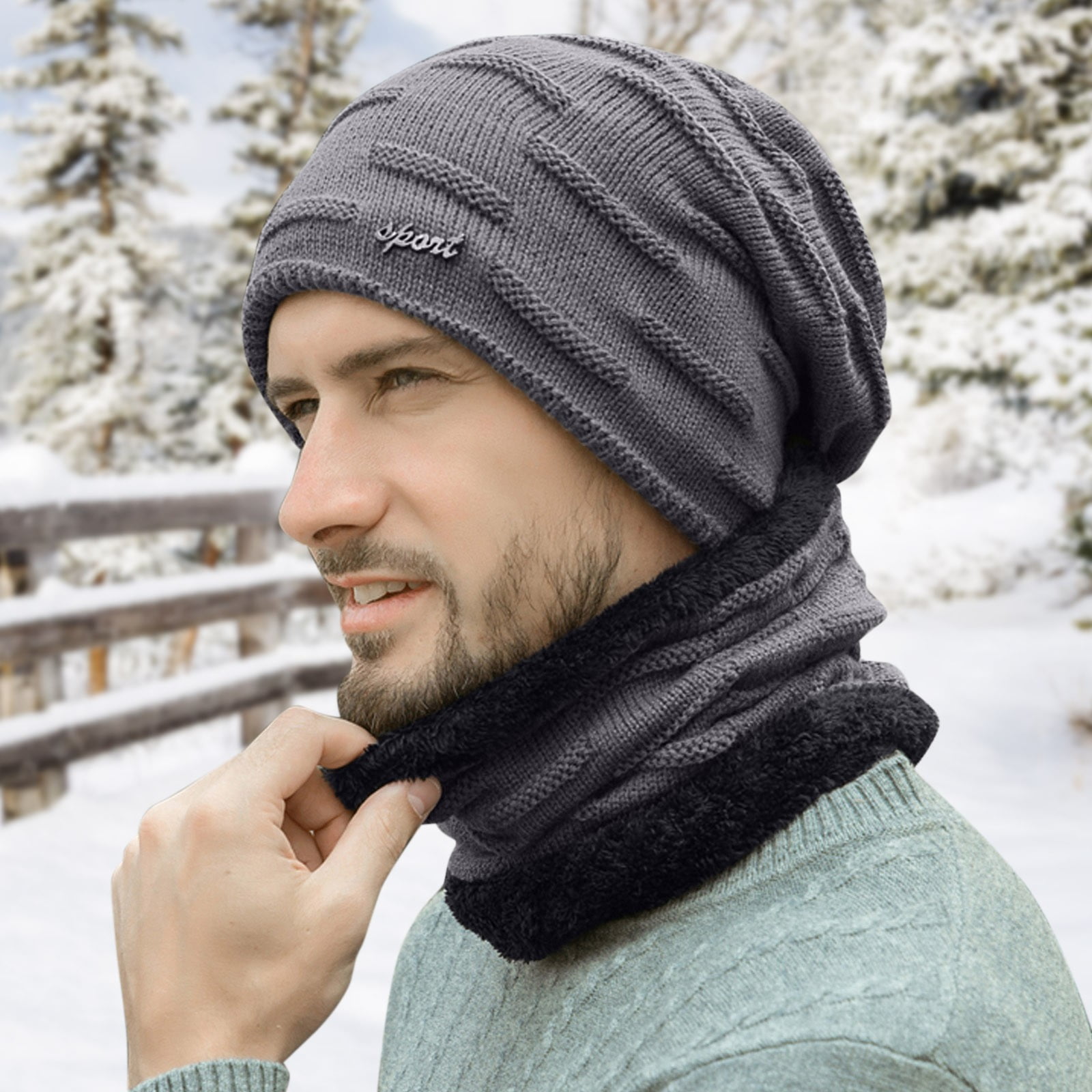Men's Winter Knitted Windproof Hood Scarf Coif Winter Knit Hat Warm Hats  For Men Warmest Cover Snow Cap for Men Ball Cap Claptrap Hat Snow Cap Hat  Set