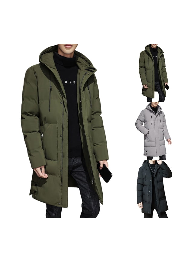 Men's Winter Large Size Loose Casual Long Quilted Down Jacket with Thickened Windproof Warm Full Zip Hooded Design for Outdoor Clothing and Holiday Season Wear,Black,L