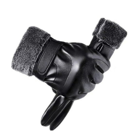 Men's Winter Leather Gloves with Thick Velvet Lining, Waterproof and Touchscreen Compatible, Warm Gloves for Motorcycle Riding and Outdoor Use ( Black )