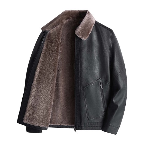 Men's Winter Leather Jacket with Lapel Collar Thickened Warm Coat for Cold Weather